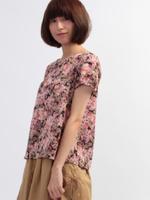 チェック織り柄フラワープリントブラウス/ダークブラウン(043)