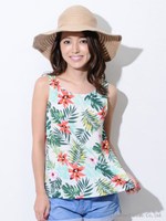 トロピカル柄Back釦TOP/WHITE