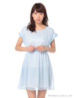 ・ギンガムチェックフレンチスリーブワンピース/Sax