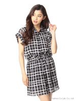 シフォンチェックシャツワンピース/ブラック