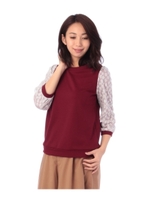 袖フラワーレース切り替えカットソー/ボルドー(064)