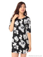 フラワープリントワッフルワンピース/ブラウン