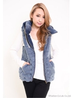 カットデニム中綿フード付ベスト/ネイビー