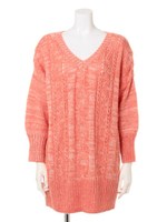 ケーブル柄Vネックニットワンピース/オレンジ