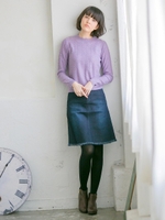 デニム裾フリンジスカート/ネイビー