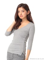 定番V開キ前2重7分袖Tシャツ/ライトグレー