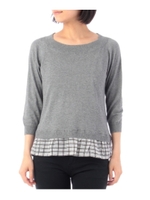 裾チェックフリルクルーネックニット/ホワイト(002)