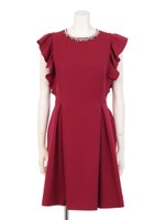 ネックビジューフリル袖ワンピース/ブラック