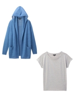 [S]リネン混ニットカーディガン+細ボーダーTシャツ/ライトブルー(091)