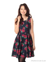 花柄プリントワンピ/ブラック