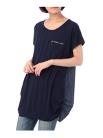 ストライプ切り替えワンポケットワンピース/ネイビー(593)