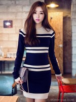 ボーダー柄ポイントニットワンピース/ベージュ