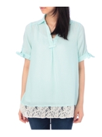 レース切り替えリボン袖シャツ/サックス(090)