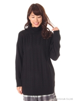 ・オフタートルケーブルミックスIラインチュニック/Black