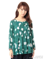 レーヨンローンスワニードットプリントブラウス/グリーン