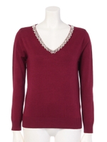 パールビジューVネックニット/ボルドー