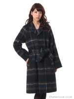 ロングシャギーウールチェックロングコート/グレー