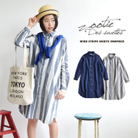 ワイドストライプコットンリネンシャツワンピース