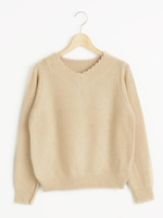 Vネックスカラップニット/ベージュ