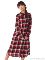 ・ロングチェックシャツワンピース/Red