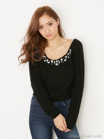 ビジューFパールニットTOP/BLK