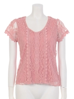 レースＶネックカットソー/ピンク