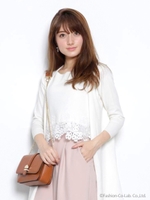 裾レースニットアンサンブル(ロングカーデ+ニットSET)/カーキ