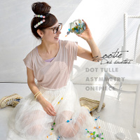 ドットチュールアシンメトリーレイヤードスカートドッキングワンピース