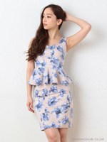 フラワープリントペプラムセットアップ/ベージュ