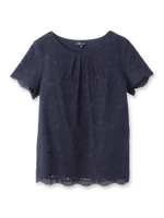 [S]フラワーレース半袖ブラウス/ネイビー(093)