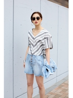 【AZUL by moussy】CL マルチストライプTブラウス/柄BLK