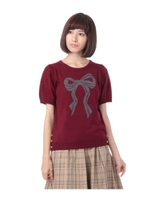 サイドボタンリボン柄クルーネックニット/ボルドー(064)