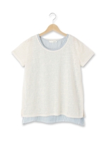 ストライプレイヤード風ニットソー/ライトベージュ(051)