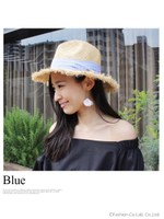 ストライプリボン フリンジストローハット/ブラウン