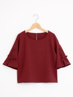 【relaxing line】Jフレアー袖編み上げブラウス/ブラック