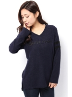 【AZUL by moussy】ツイード風ニットソーナンバリング長袖プルオーバー/柄NVY