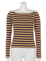 肩ボタンマルチボーダーボートネックプルオーバー/オレンジ