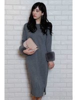 袖レッキスタイトニットワンピース/ピンクベージュ