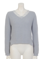 襟ぐりレースＶニット/ライトグレー