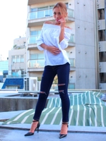 【LATINA】ストライプオフショルダートップス/GRY