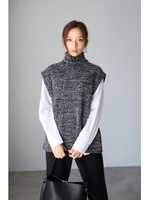 【AZUL by moussy】リブ切替ハイネック半袖ニットプルオーバー/NVY