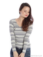 バックスピンドルボーダー柄Tシャツ/クロ