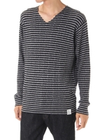 【AZUL by moussy】RNケーブルボーダーニットVネック長袖プルオーバー/BLK