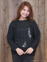 ケーブル編み針抜きニット・プルオーバー/カーキ