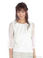 袖チェック柄カットソー/シロ