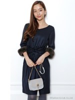 袖ファーリボンワンピース/ネイビー