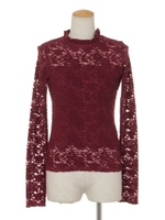 フリルネックレーストップス/レッド