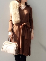 ウエストベルト付サイドスリットワンピース/ブラウン