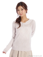 ラメアーガイルステッチリボンVニット 2/ピンク