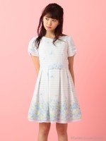 パネルフルールボーダーレディーワンピース/ブルー系